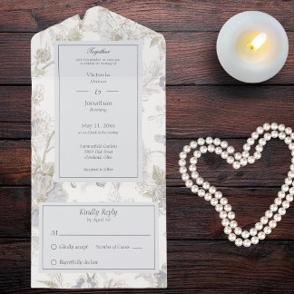 Invitación Todo En Uno Floral azul pálido