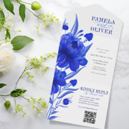 Invitación Todo En Uno Floral azul personalizado con QR RSVP