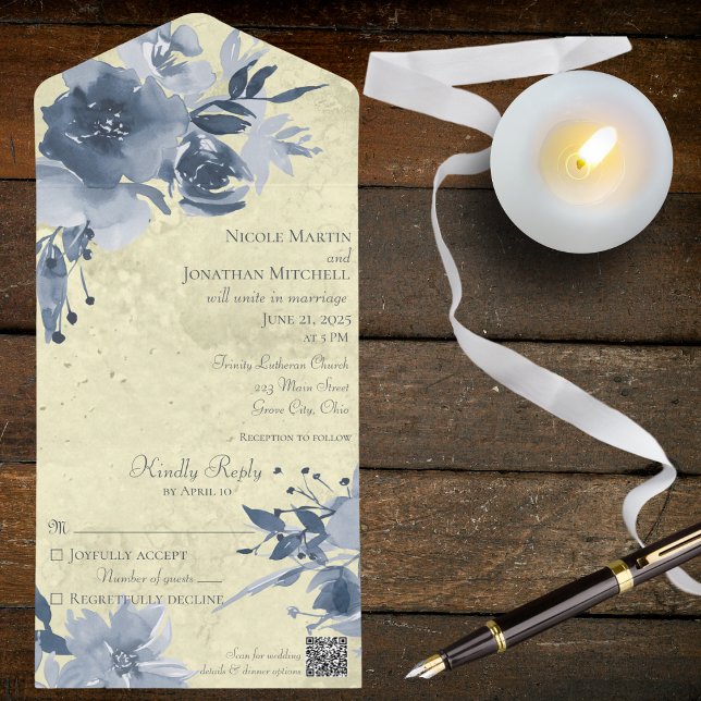 Invitación Todo En Uno Floral azul sobre amarillo pálido con código QR (Subido por el creador)