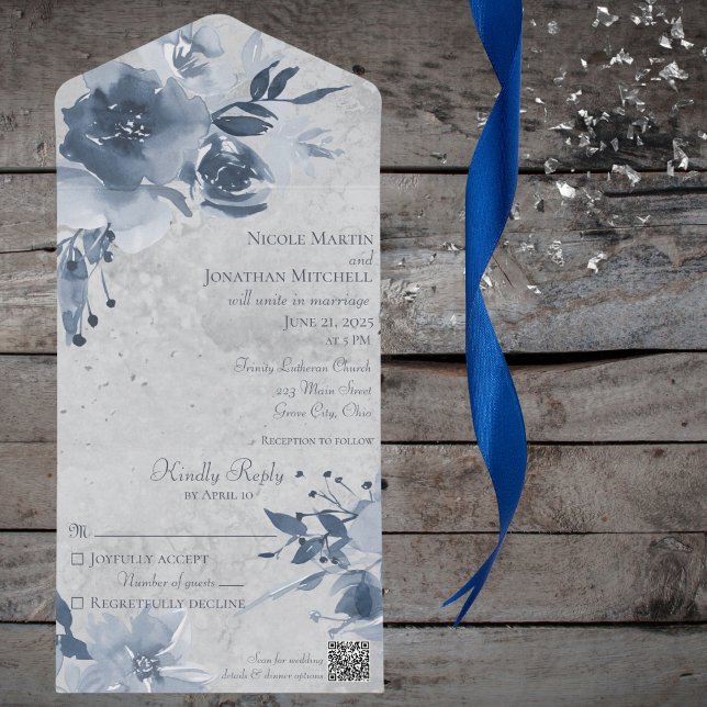 Invitación Todo En Uno Floral azul sobre gris pálido con código QR (Subido por el creador)