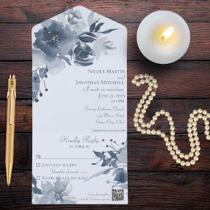 Invitación Todo En Uno Floral azul turbio de color acuático con código QR