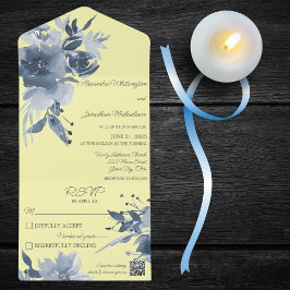 Invitación Todo En Uno Floral azul turbio de color de agua sobre código Q