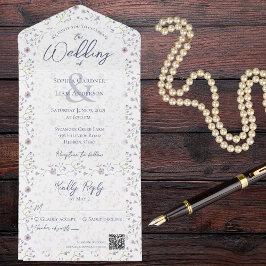 Invitación Todo En Uno Floral azul turbio y delgado con código QR