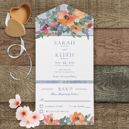 Invitación Todo En Uno Floral azul y blanca de color rosa sin cena