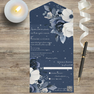 Invitación Todo En Uno Floral azul y blanca de invierno en código QR azul