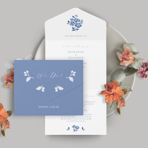 Invitación Todo En Uno Floral azul y blanca todo en una sola boda invitac