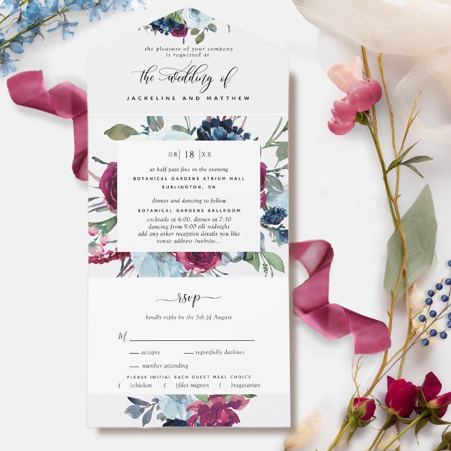 Invitación Todo En Uno Floral Berry Blue Burgungung Boda desgarrando RSVP (Subido por el creador)
