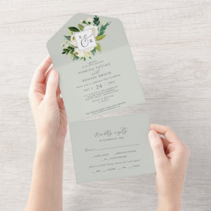 Invitación Todo En Uno Floral blanca elegante   Boda de Monograma Mint Sa
