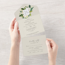 Invitación Todo En Uno Floral blanca elegante | Boda del monograma de cha