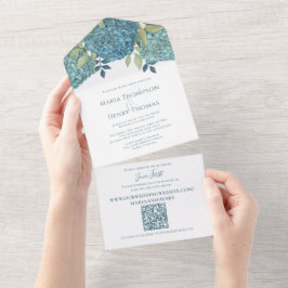 Invitación Todo En Uno Floral Blue Hydrangea QR Código Invitado