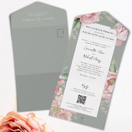 Invitación Todo En Uno Floral Boda de color de agua rosa Rubor