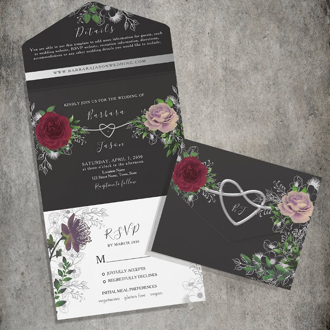 Invitación Todo En Uno Floral Boho Boda blanco y negro (Subido por el creador)