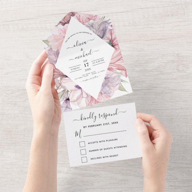 Invitación Todo En Uno Floral Boho Dusty Pink Purple Wedding RSVP (desgarro)