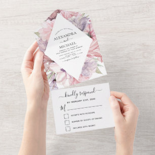 Invitación Todo En Uno Floral Boho Dusty Pink Purple Wedding RSVP