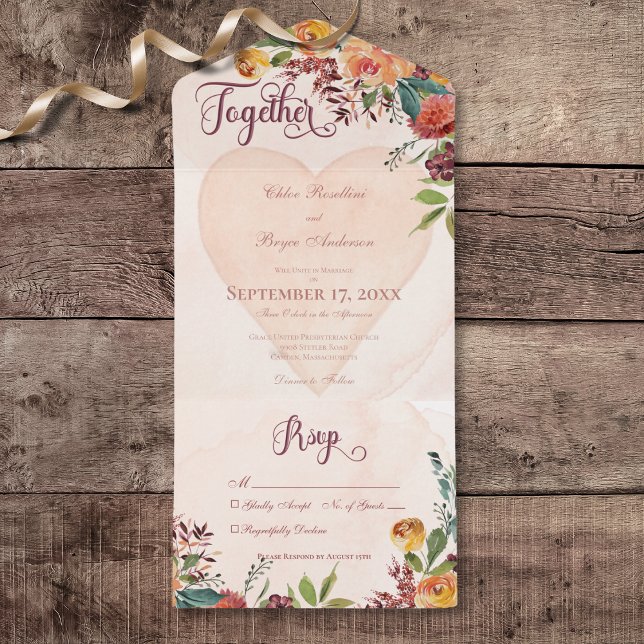 Invitación Todo En Uno Floral Boho Heart Peach Jewel No Dinner (Floral Boho Heart Peach Jewel All In One Wedding Invitation without Dinner Options)