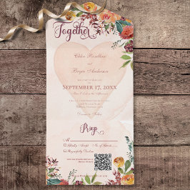 Invitación Todo En Uno Floral Boho Heart Peach Jewel QR Code