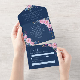 Invitación Todo En Uno Floral color rosa Rubor azul marino