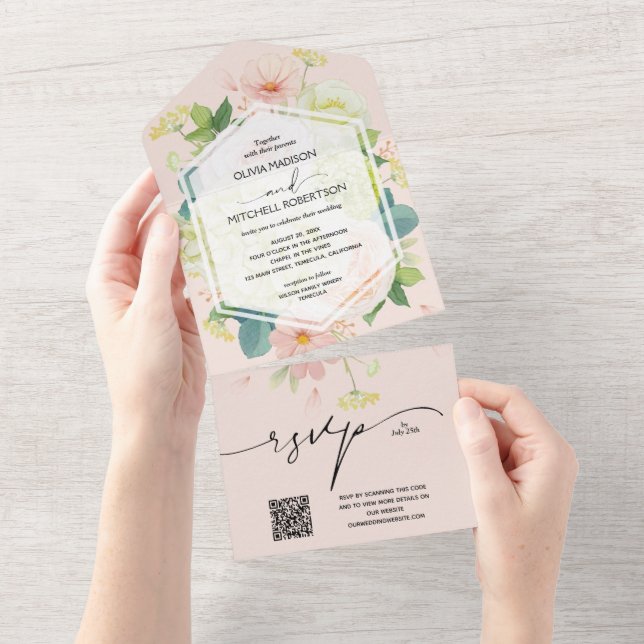 Invitación Todo En Uno Floral de agua Rubor Boda rosa código QR (desgarro)
