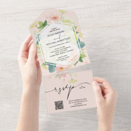 Invitación Todo En Uno Floral de agua Rubor Boda rosa código QR