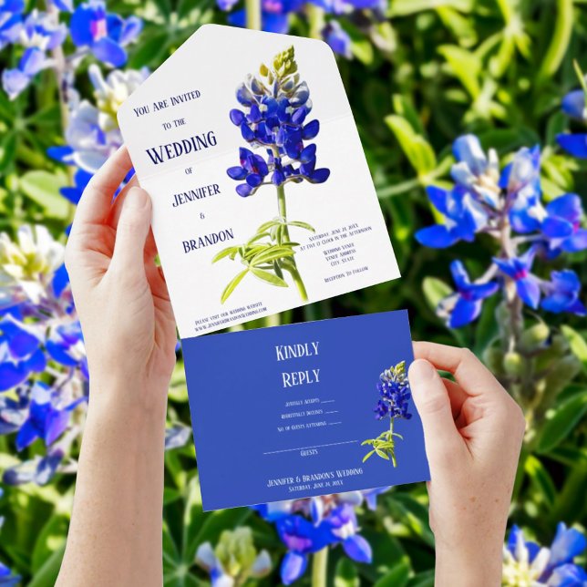 Invitación Todo En Uno Floral de azul sobre blanco, Boda (Subido por el creador)