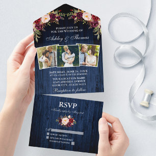 Invitación Todo En Uno Floral de borgoña rusa de madera azul 3 Boda fotog
