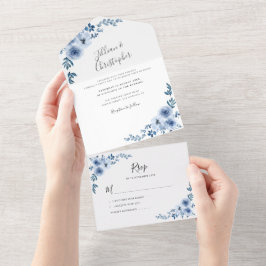 Invitación Todo En Uno floral de color azul polvoriento