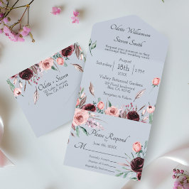 Invitación Todo En Uno Floral de color azul y agua rosa y turbio boda