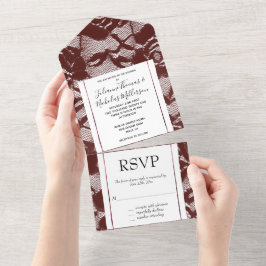Invitación Todo En Uno Floral de encaje rojo de Borgoña (no encaje real)