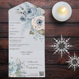Invitación Todo En Uno Floral de invierno azul hielo en código QR azul pá