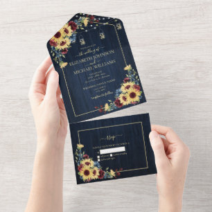 Invitación Todo En Uno Floral de madera de color burdeos azul de la marin
