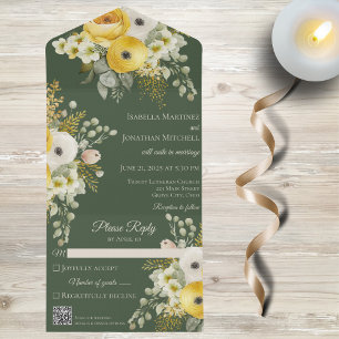 Invitación Todo En Uno Floral de oro y beige sobre código QR verde oscuro