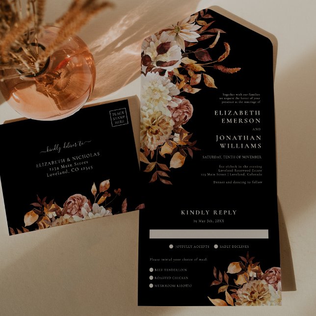 Invitación Todo En Uno Floral de otoño con Boda de comidas (Fall Floral with Meals Wedding All In One Invitation
)