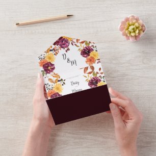 Invitación Todo En Uno Floral de otoño con boda de florecimiento de acuar