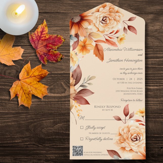 Invitación Todo En Uno Floral de otoño en Tan con código QR (Subido por el creador)