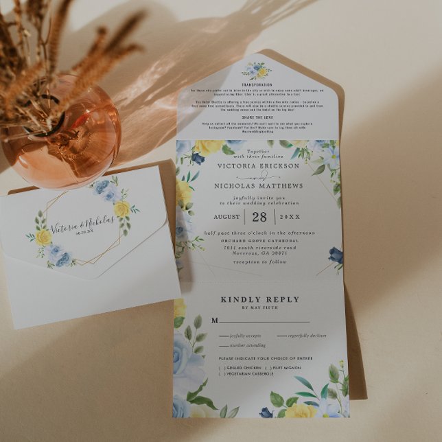 Invitación Todo En Uno Floral de verano amarillo y marina | BODA (Subido por el creador)