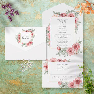Invitación Todo En Uno Floral Dusty Rose Gold Geometric Wedding