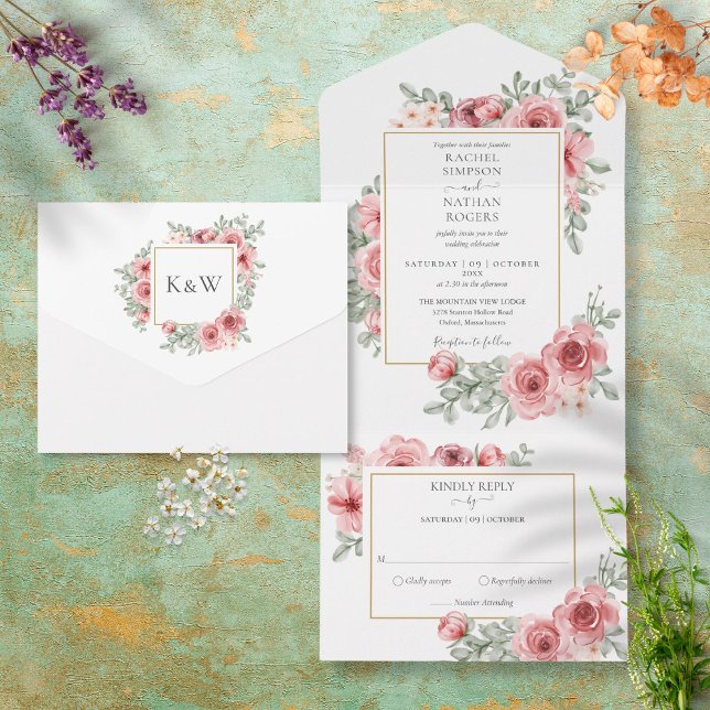 Invitación Todo En Uno Floral Dusty Rose Gold Geometric Wedding (Subido por el creador)