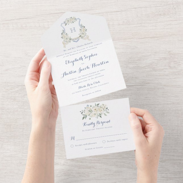 Invitación Todo En Uno Floral elegante Escudo azul   verde Boda (desgarro)