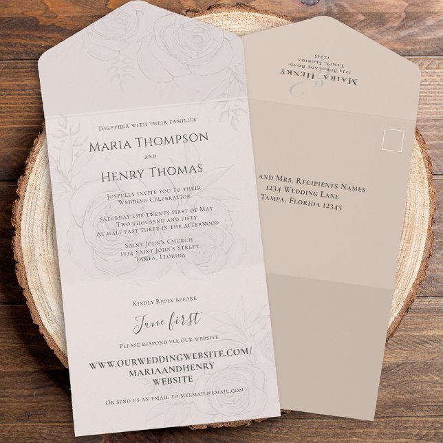 Invitación Todo En Uno Floral Elegante Rubor Simple Guest Addressed (Blush floral All in One Wedding Invitation.)