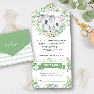 Invitación Todo En Uno Floral Eucalyptus Cute Koala Twins Baby Shower