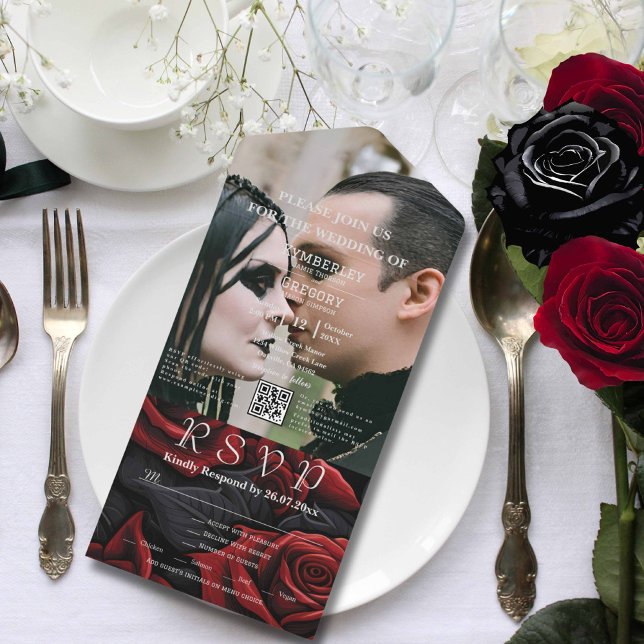 Invitación Todo En Uno Floral gótica negra roja sobre código QR negro (Subido por el creador)