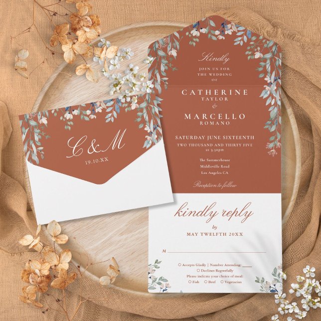 Invitación Todo En Uno Floral Greenery Cascade Terracotta Boda (Floral Greenery Cascade Terracotta Wedding All In One Invitation)