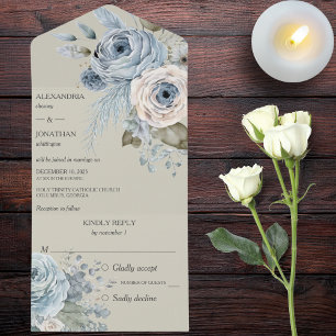 Invitación Todo En Uno Floral helada azul de invierno en verde sabio