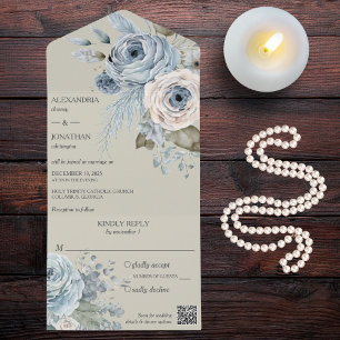 Invitación Todo En Uno Floral helada azul de invierno sobre código QR ver