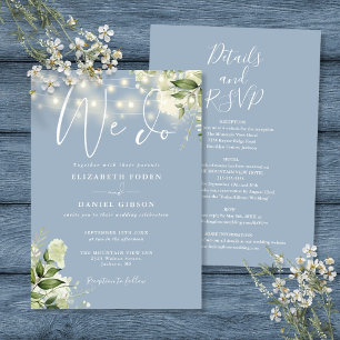 Invitación Todo En Uno Floral Luces Azul Polvoriento Boda