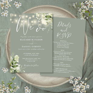 Invitación Todo En Uno Floral Luces Verde Salvia Boda