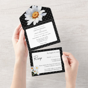 Invitación Todo En Uno Floral moderna de puntos de polka blanca y negra