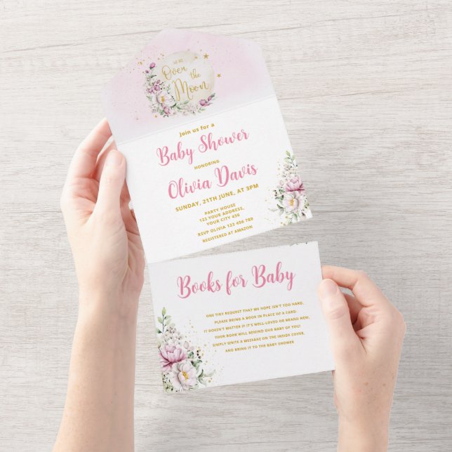 Invitación Todo En Uno Floral Moon Baby Shower (desgarro)