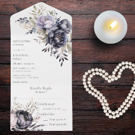 Invitación Todo En Uno Floral negra y de lavanda