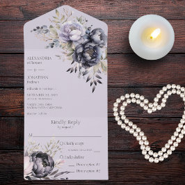 Invitación Todo En Uno Floral negra y de lavanda